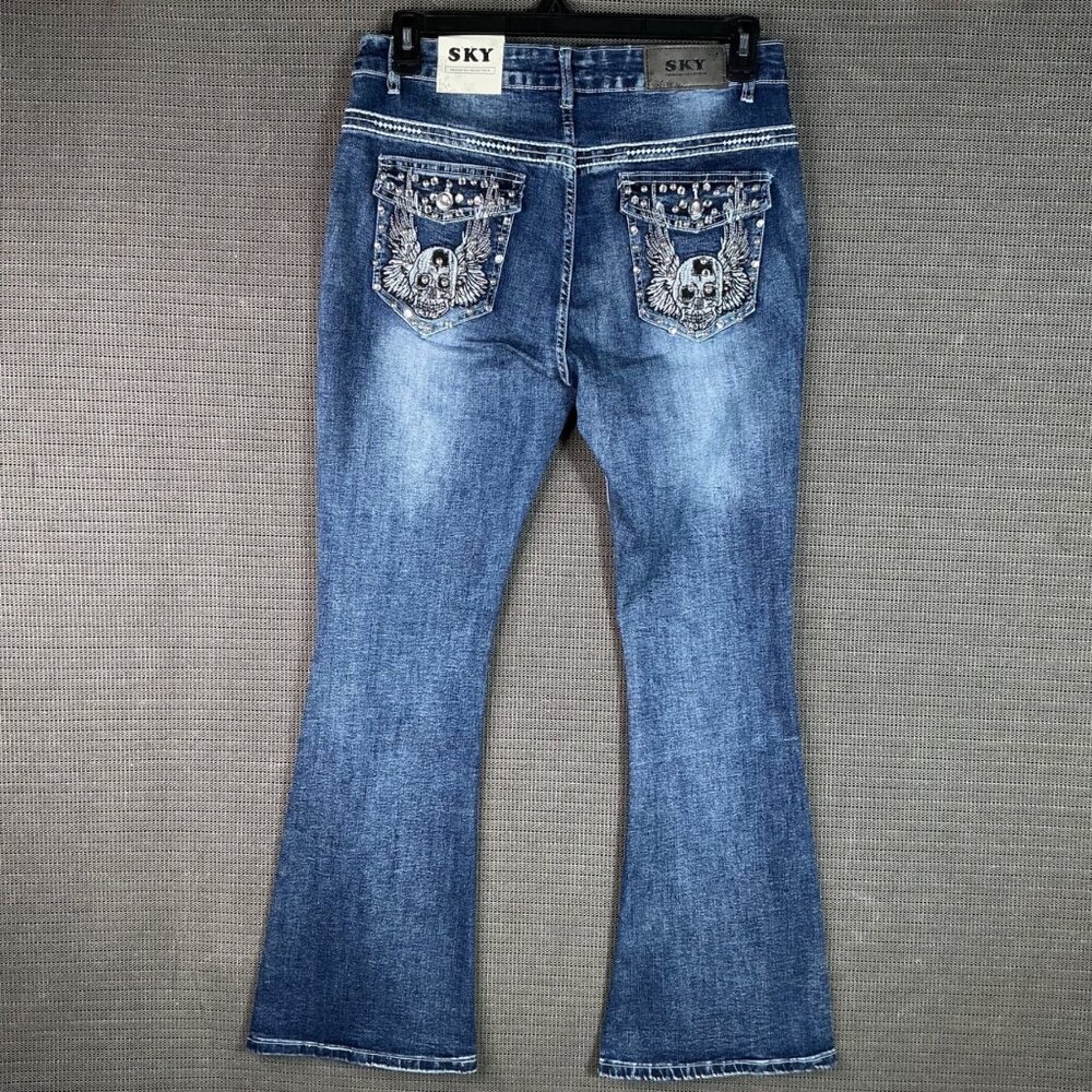 Sky Womens Size 13 Blue Bootcut Jeans Embellished Skull Pockets Super soft Denim